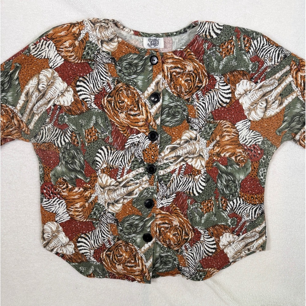 Vintage Soho Safari Animal Print Button Front Top USA Made Tiger Zebra Lion 80's